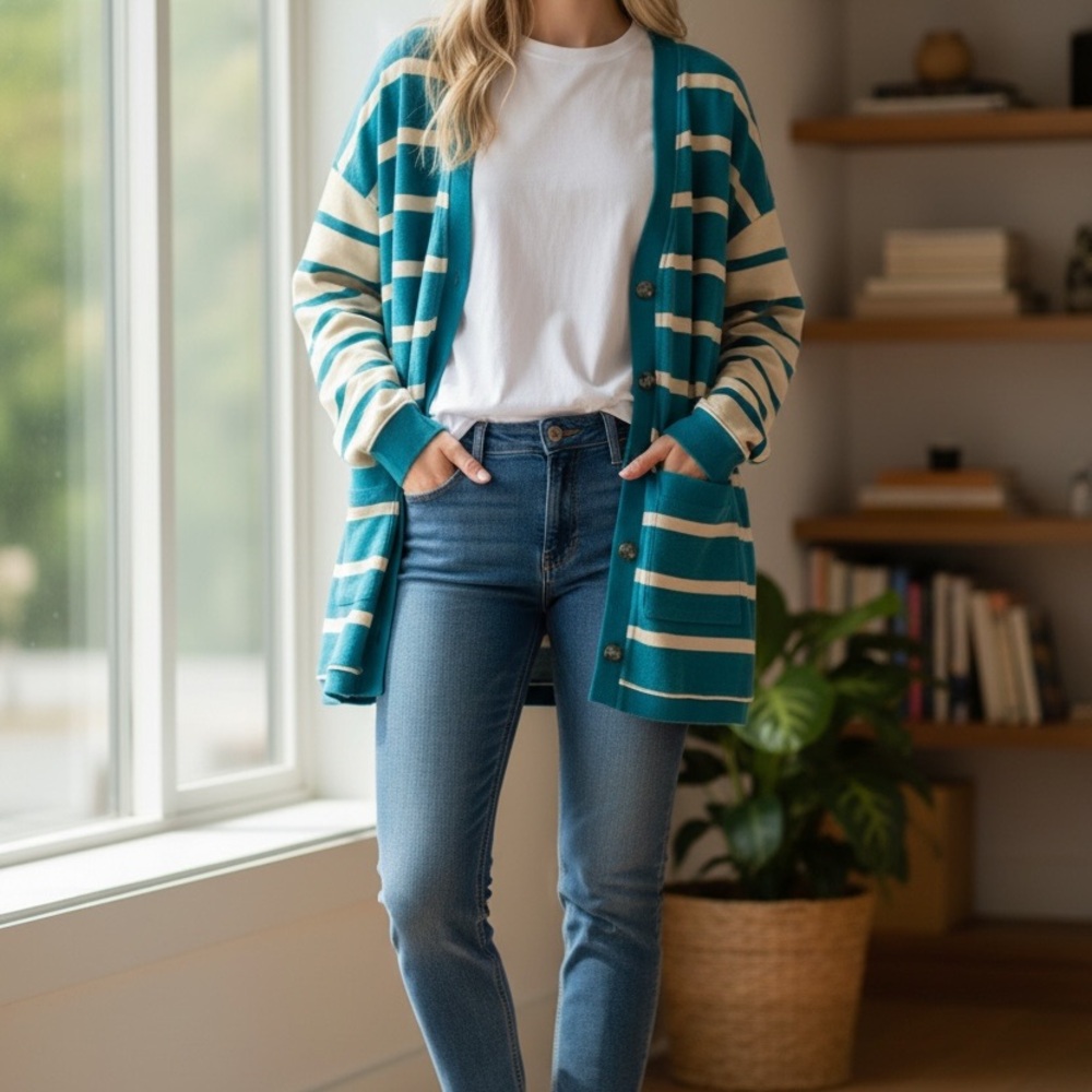 Free People Teal and Cream Striped Cardigan